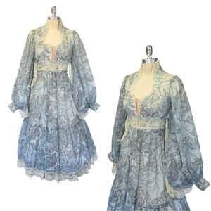 Gunne Sax Blue Fairy Nymph Corset Midi Dress Size S 9 Vintage 70s Prairie